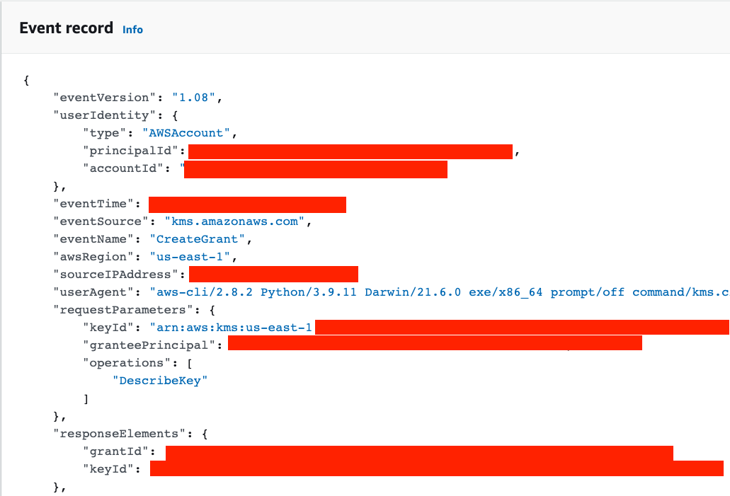 CloudTrail Event Record for KMS CreateGrant